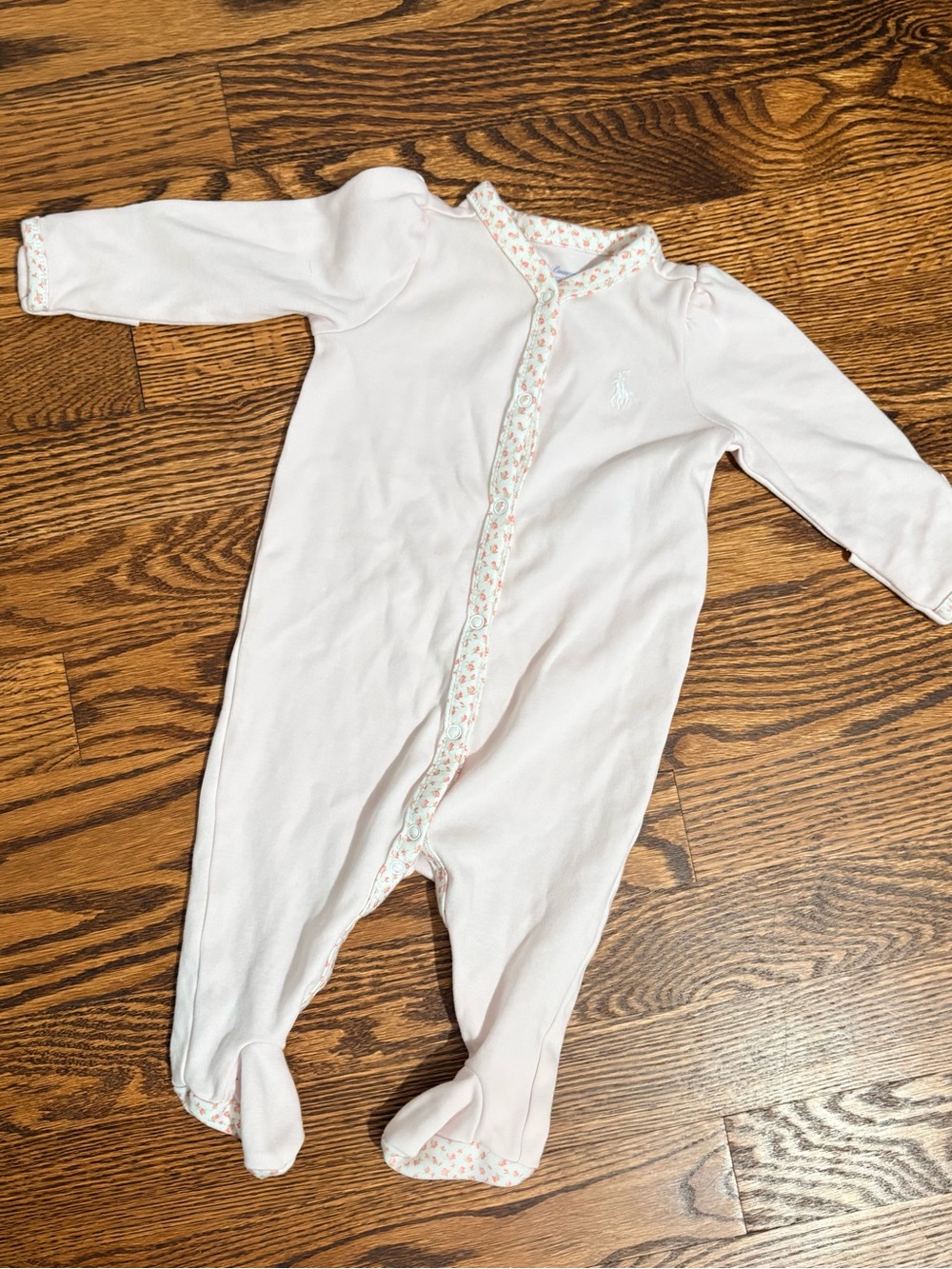 Ralph Lauren Pale Pink Floral-Trim Footed One-Piece